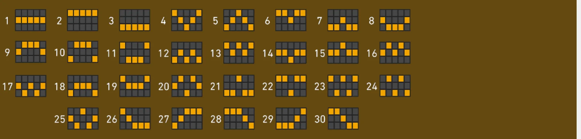 A brown paytable-style graphic displays 30 numbered paylines across five-column, three-row reel grids, with orange squares marking each path.