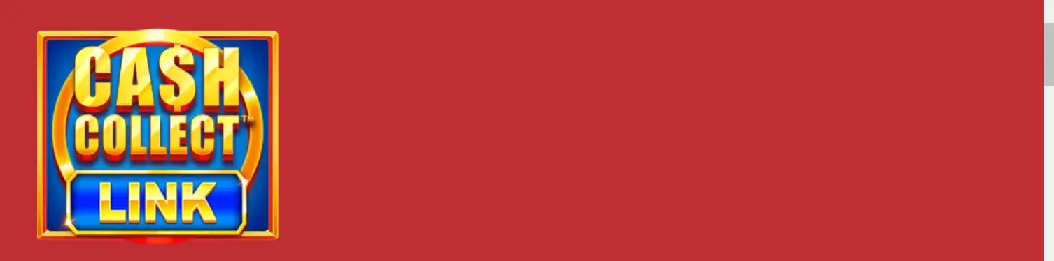 Bold blue-and-gold Cash Collect Link logo with oversized lettering, a glowing circular emblem, and a red backdrop.