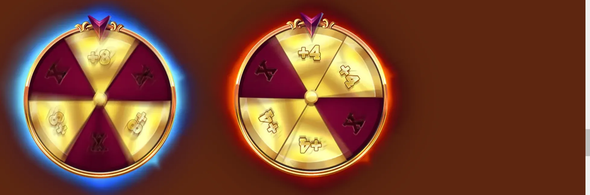 Two glowing gold-and-crimson bonus wheels display segmented wedges with plus-value rewards and multiplier-style symbols against a dark red backdrop.