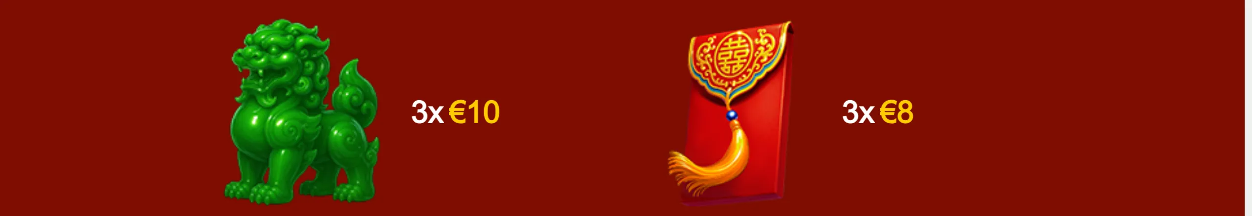 A green Chinese guardian lion and a red lucky envelope with a gold crescent ornament appear against a deep red backdrop, with payout labels of 3x €10 and 3x €8.