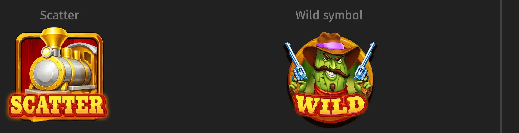 Train Heist Johnny Cash slot symbols featuring a gold locomotive Scatter icon and a green cowboy gunslinger Wild with pistols and a purple-accented hat.