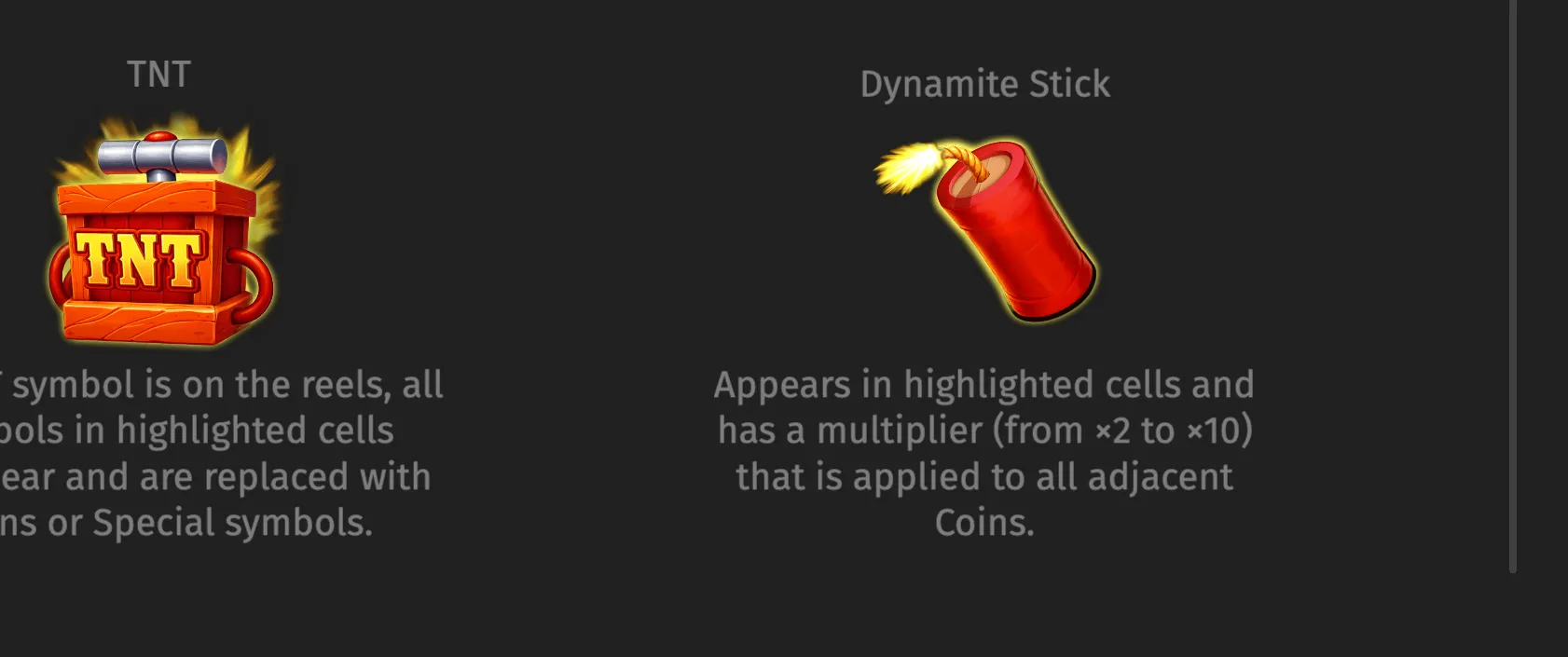 Slot game feature artwork featuring a TNT crate with a detonator and a lit red dynamite stick, labelled as special symbols.