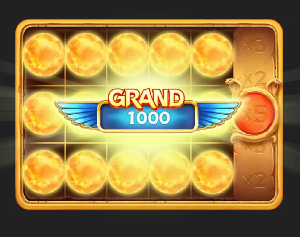 Reel of Ra slot interface with glowing golden orbs, Egyptian-inspired winged emblem, multiplier markers, and a central Grand 1000 jackpot banner.