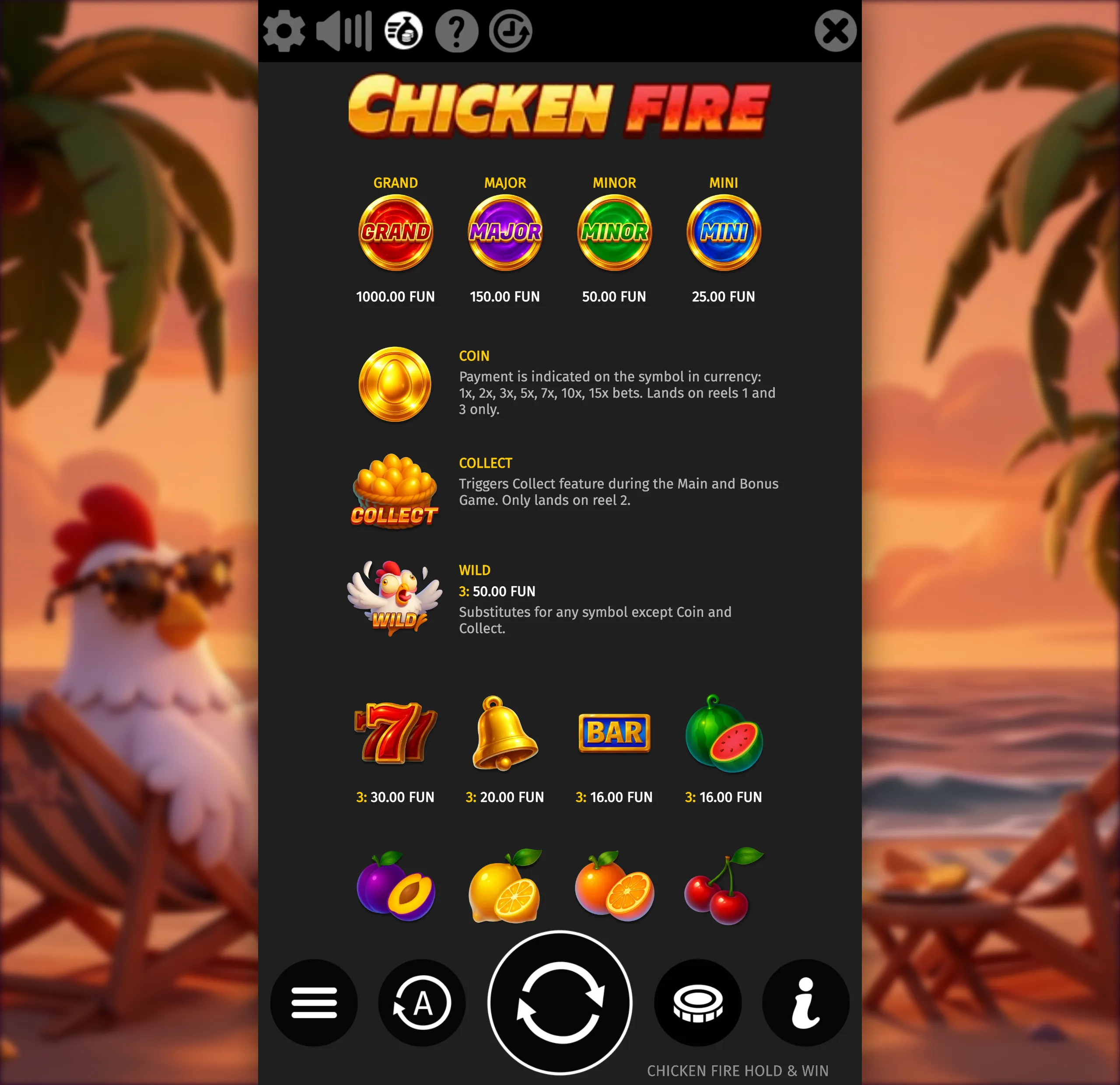 Chicken Fire slot paytable featuring a cartoon chicken in a warm farmyard setting, jackpot badges, egg coin and collect symbols, a wild chicken, fruit, BAR, bell, and lucky seven icons.