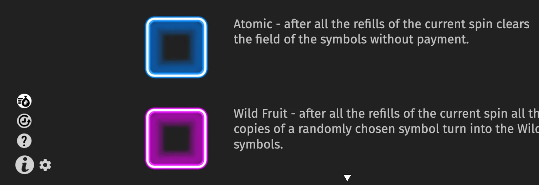 Alien Fruits 3 feature guide with glowing blue Atomic and magenta Wild Fruit symbols against a dark interface, alongside explanatory text.