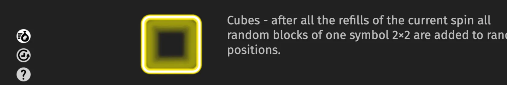 Alien Fruits 3 feature guide with a glowing yellow cube icon and text explaining that random 2x2 blocks of one symbol are added after spin refills.