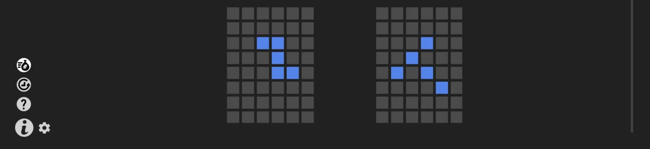Dark Alien Fruits 3 interface with two tall grids of gray square cells and scattered blue highlighted cells, plus white control icons on the left.