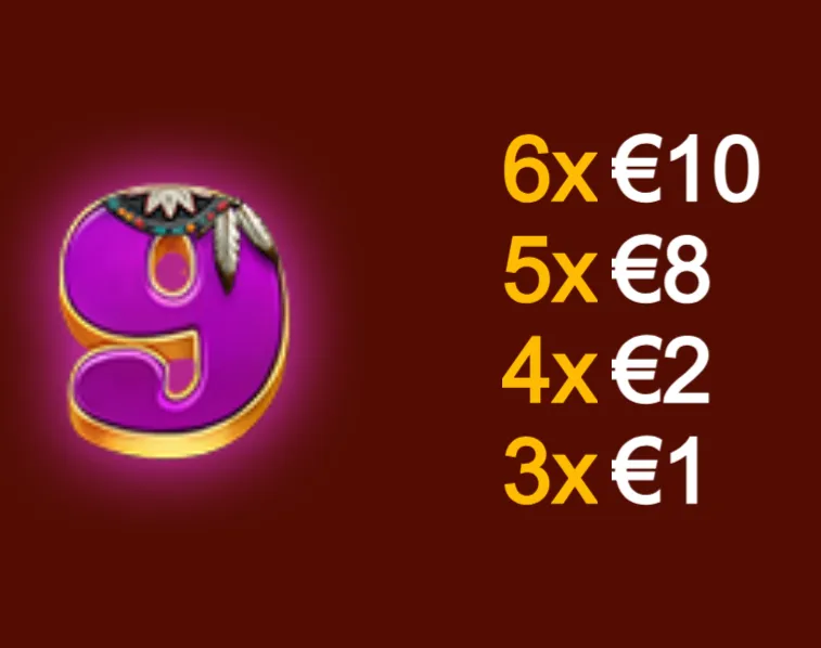 Purple and gold cougar-themed 9 symbol beside a payout table listing rewards from 3x €1 up to 6x €10.