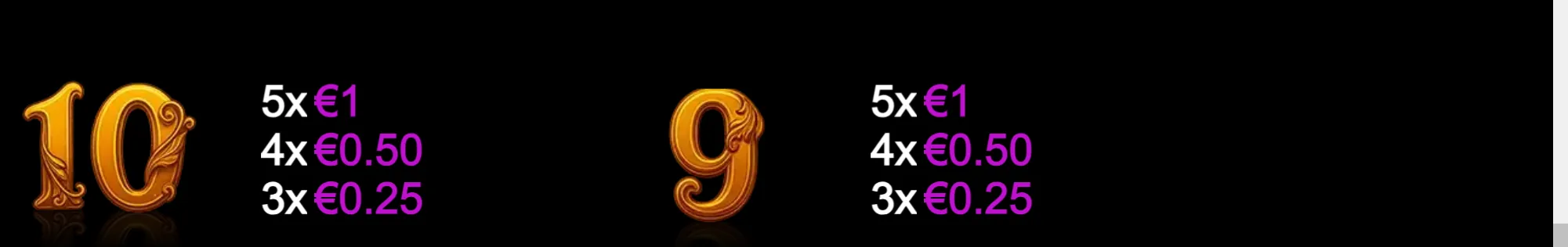 Ornate gold 10 and 9 slot symbols appear beside white and magenta euro payout values on a black backdrop.