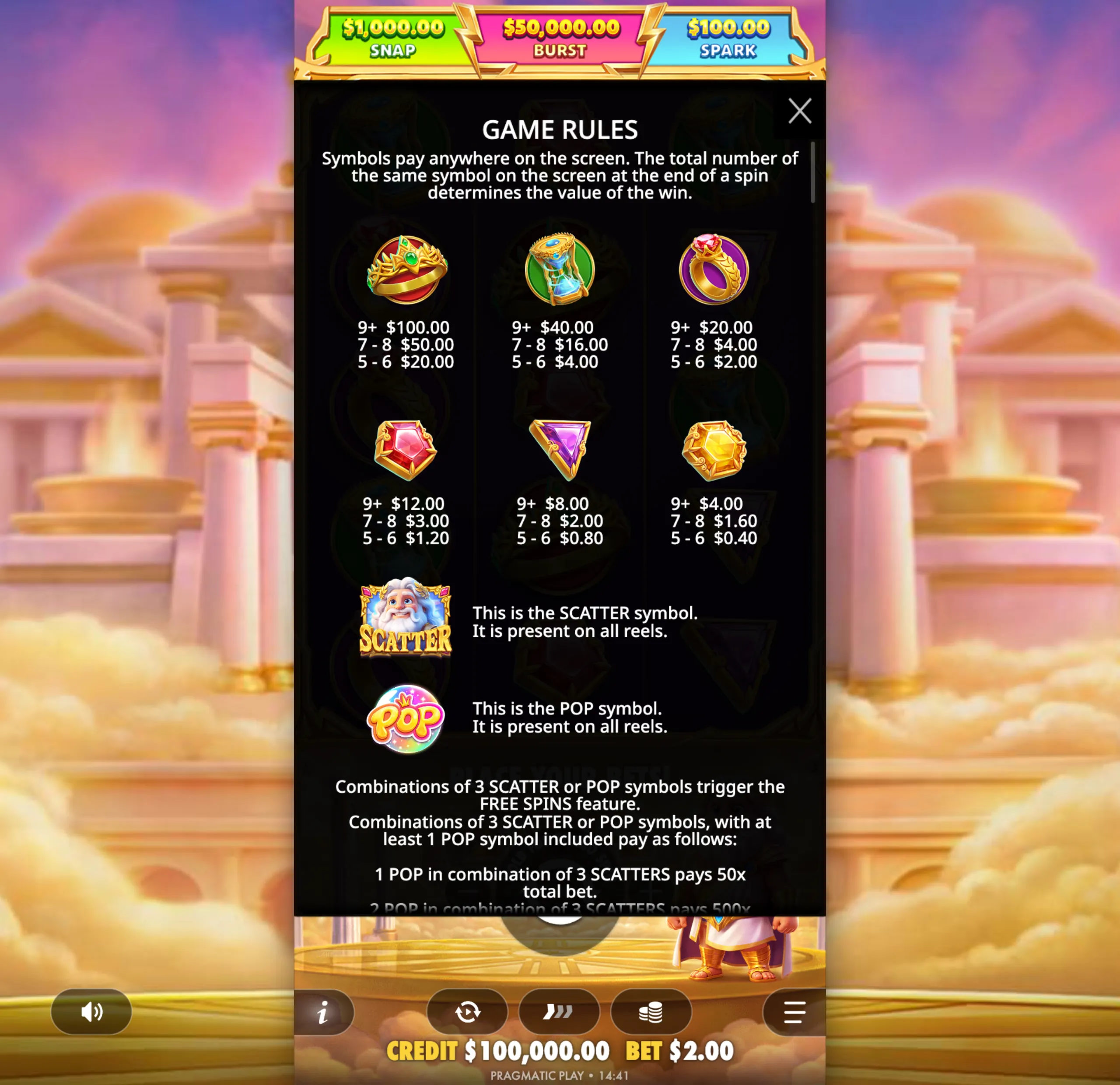 Gates of Olympus POP paytable page 1 with symbol payouts