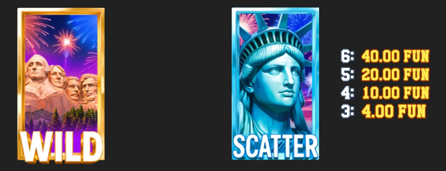 American-themed slot symbols featuring Mount Rushmore, fireworks, and the Statue of Liberty, with Wild and Scatter labels and prize values from 4.00 to 40.00 FUN.