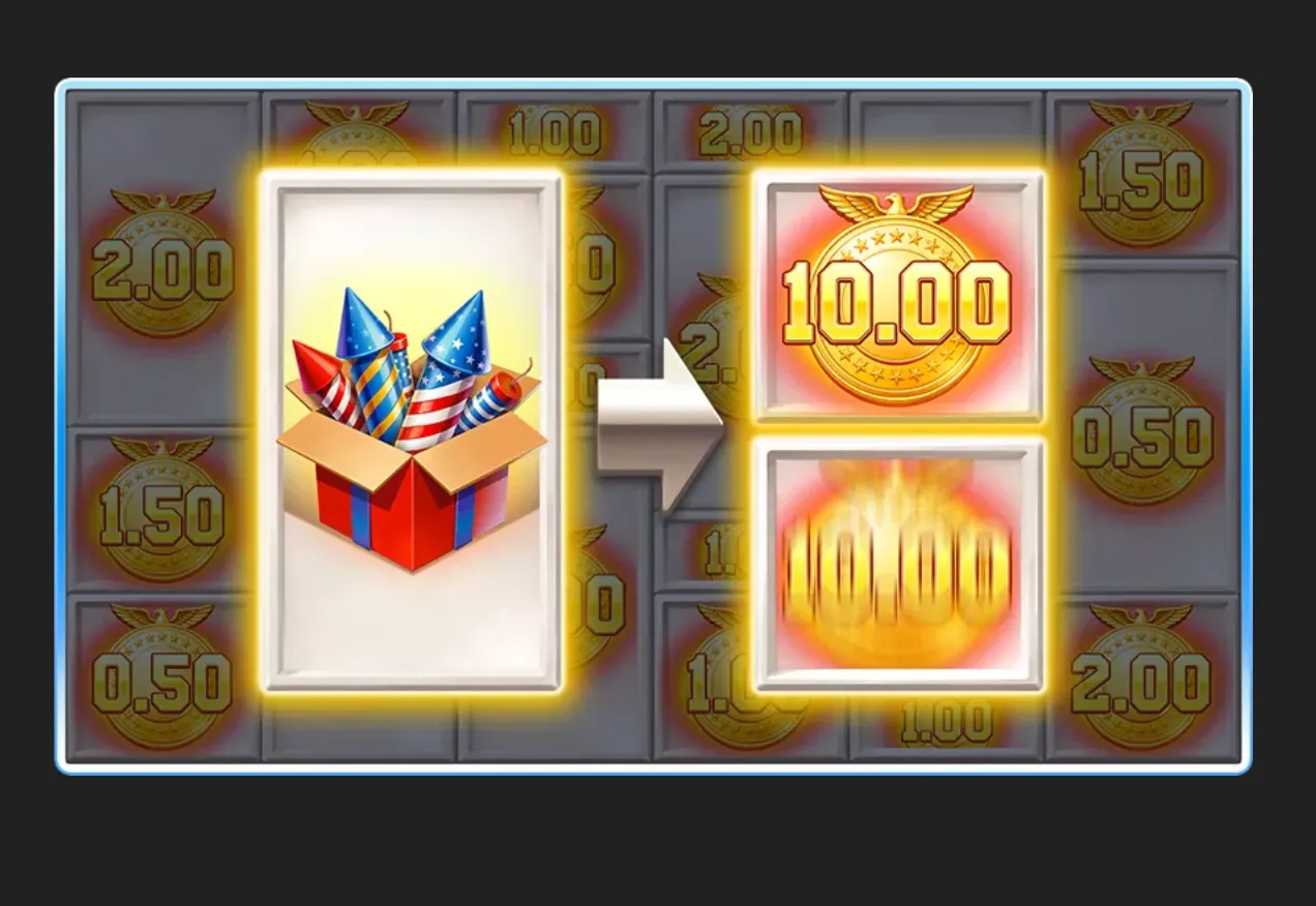 A patriotic fireworks gift box appears beside glowing gold coin values, including 10.00, against a grid of dollar-value symbols.