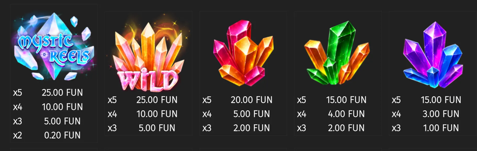 Mystic Reels slot paytable featuring a glowing crystal logo, a multicolored Wild crystal cluster, and jewel symbols in pink, orange, green, purple, and blue against a dark backdrop.