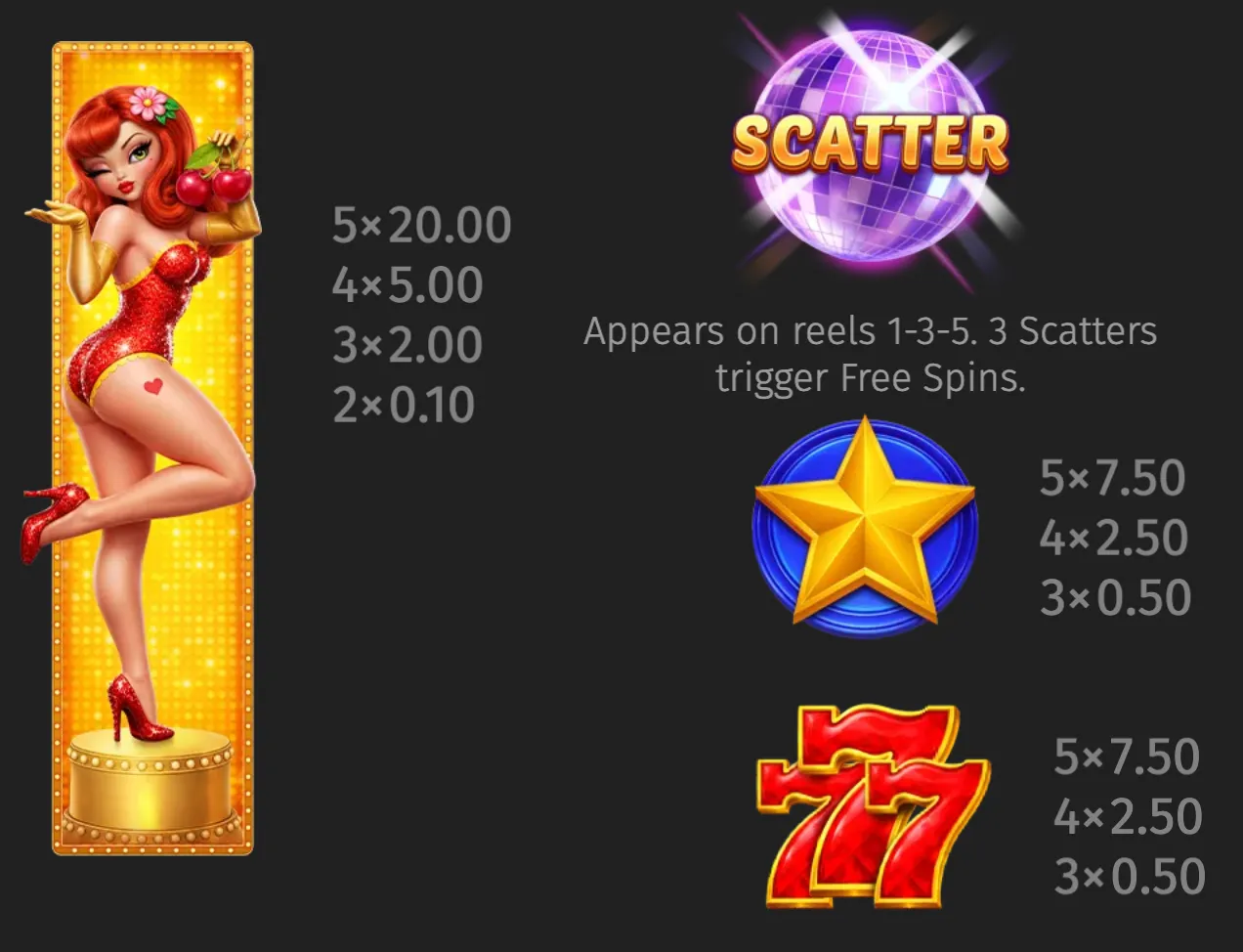 Miss Cherry Wild Frames slot artwork featuring a red-haired showgirl in a glittering red dress, cherries, a disco-ball SCATTER symbol, a golden star, and red lucky sevens on a dark backdrop.