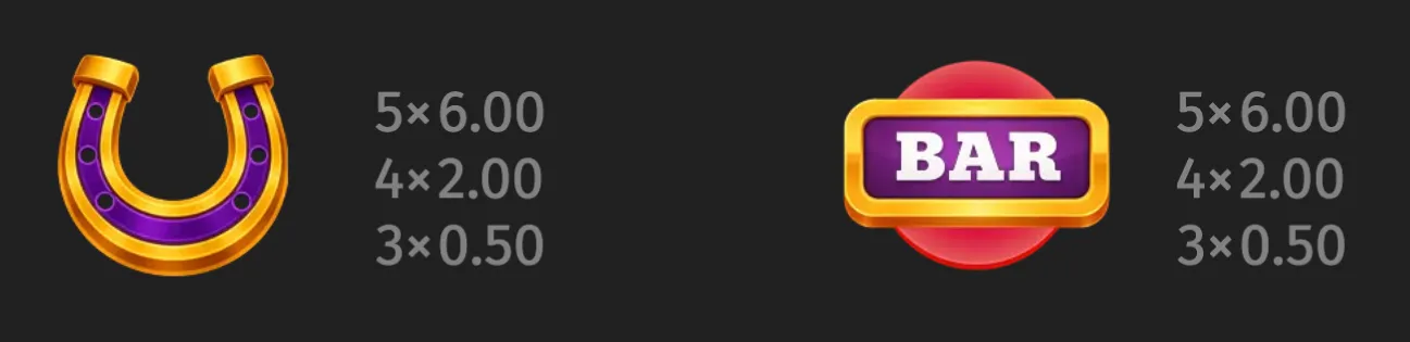 Classic slot symbols featuring a purple-and-gold horseshoe and a red-and-gold BAR badge, with matching-count payout multipliers beside each.