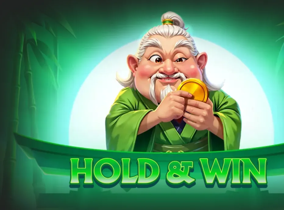 A smiling elderly fortune figure in green robes holds a golden coin beneath a glowing full moon, with bamboo surrounding the large Hold & Win title.