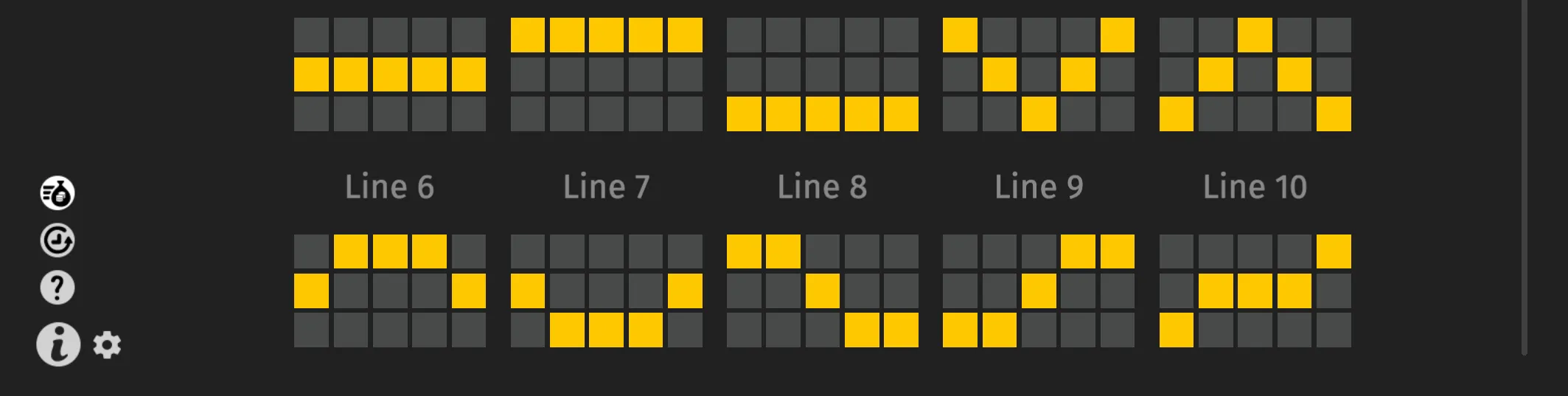 Payline reference for Book of Hidden Tombs showing lines 6 through 10 as yellow-and-gray three-row grid patterns on a dark interface.