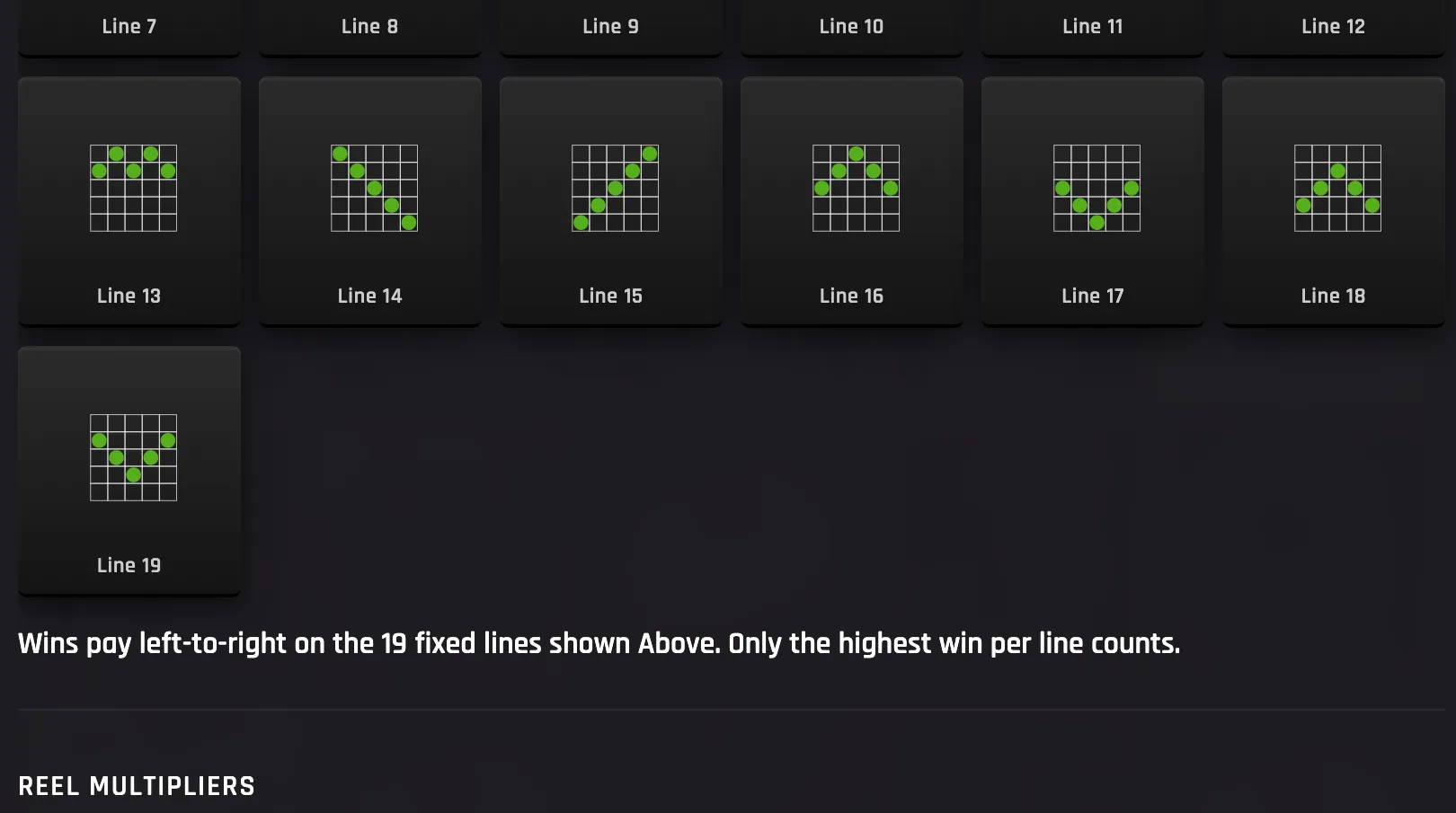 Dark slot rules interface displaying paylines 7 through 19 as green-dot patterns on reel grids, with text explaining 19 fixed lines and a reel multipliers section.