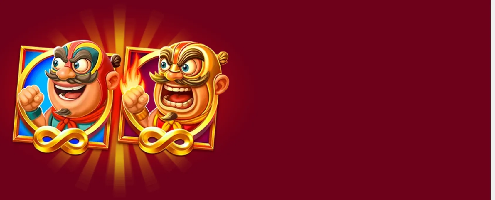 Cartoon luchador-style characters with moustaches and raised fists appear in ornate gold frames against a deep red backdrop with radiant golden accents.