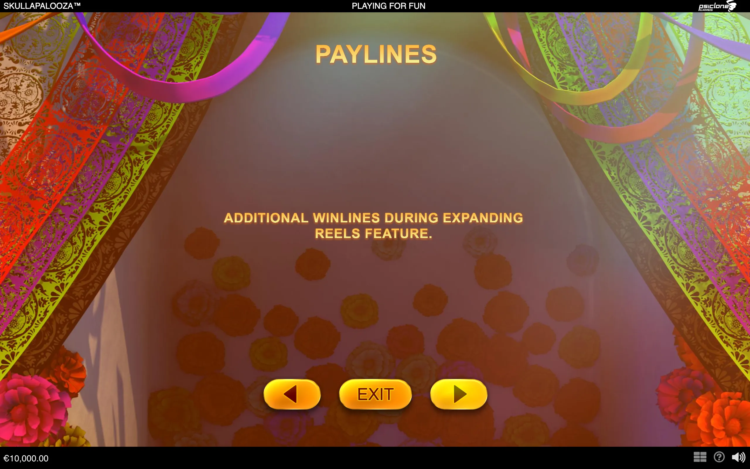 Skullapalooza paylines feature screen with ornate multicolored patterned drapes, floral decorations, navigation buttons, and text explaining additional winlines during expanding reels.