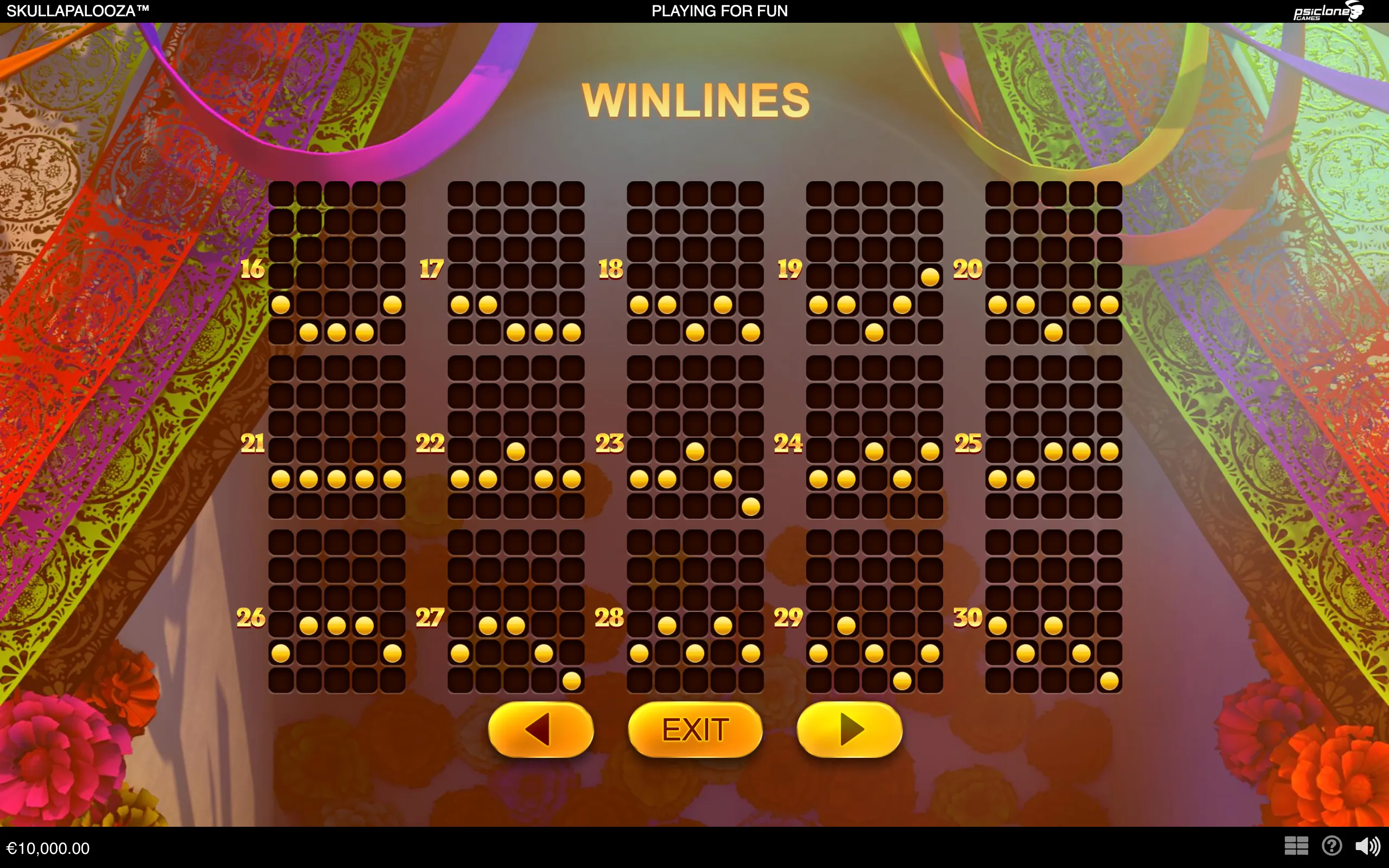 Skullapalooza winline selection interface displaying patterns 16 through 30 over a colorful ornamental backdrop, with navigation and exit buttons.
