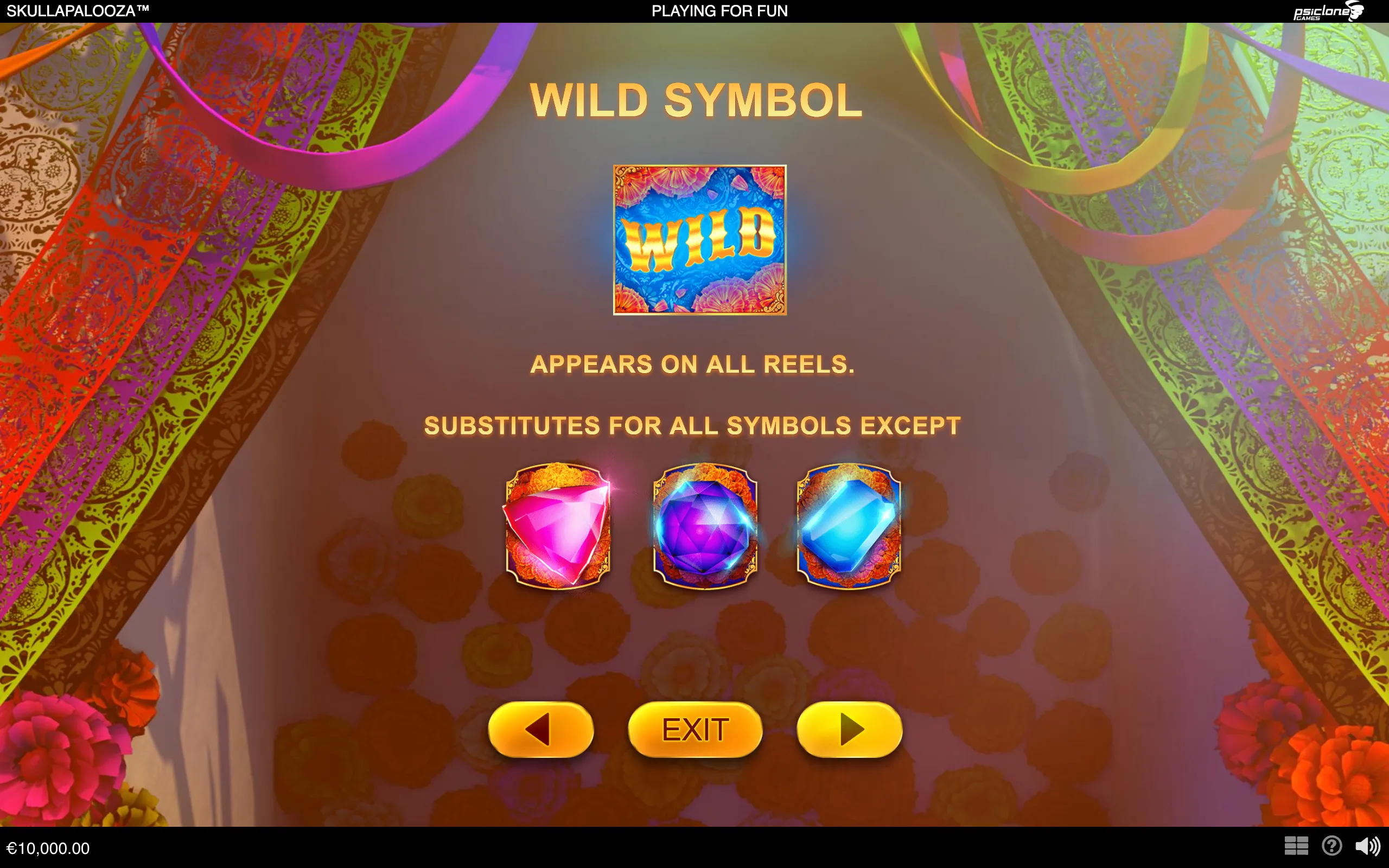 Skullapalooza slot wild symbol rules featuring a blue WILD tile, colorful jewel symbols, ornate floral patterns, and bright gold interface text.