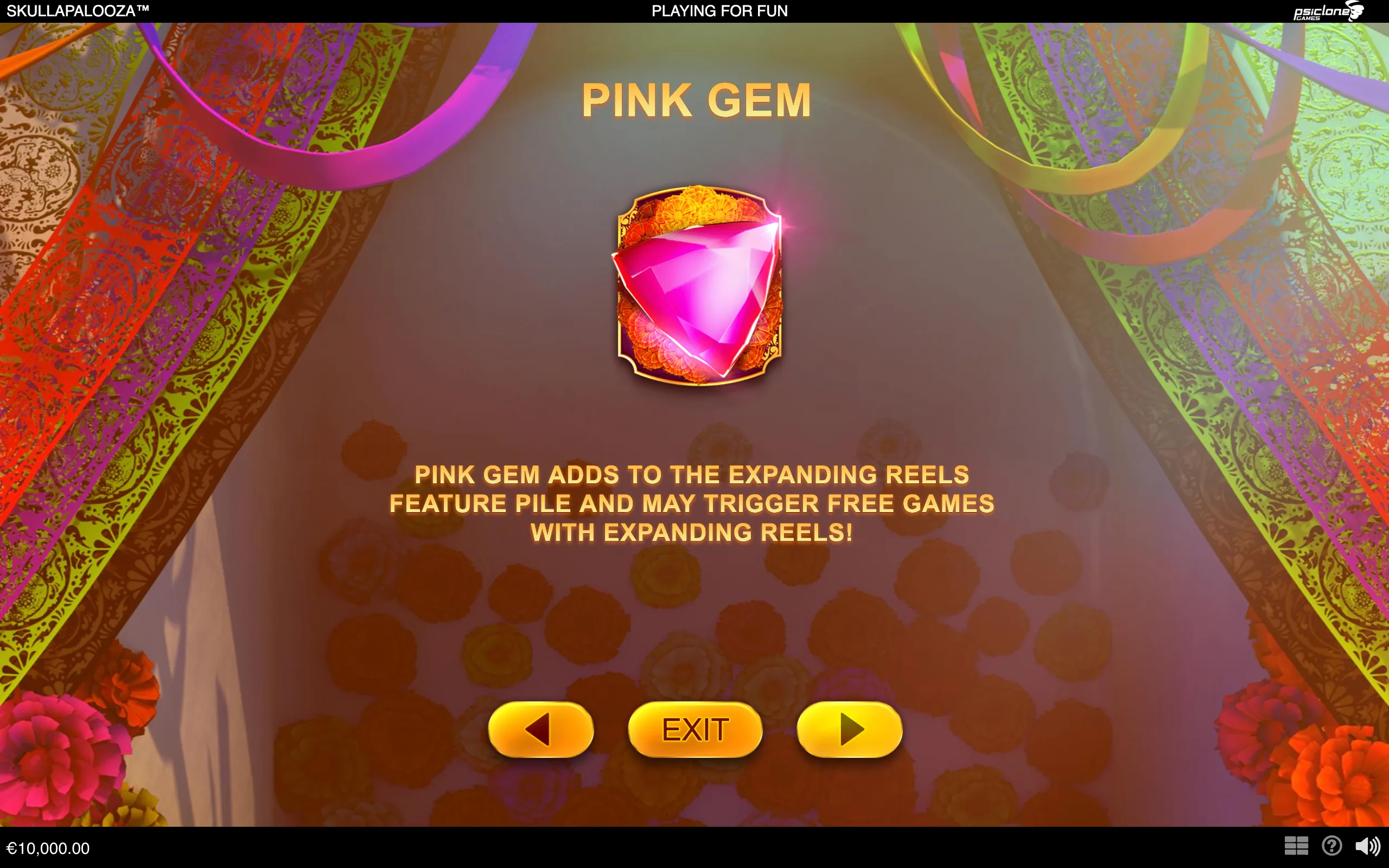 A glowing pink gemstone appears in a colorful floral slot interface, with text explaining that it adds to the expanding reels feature pile and may trigger free games.