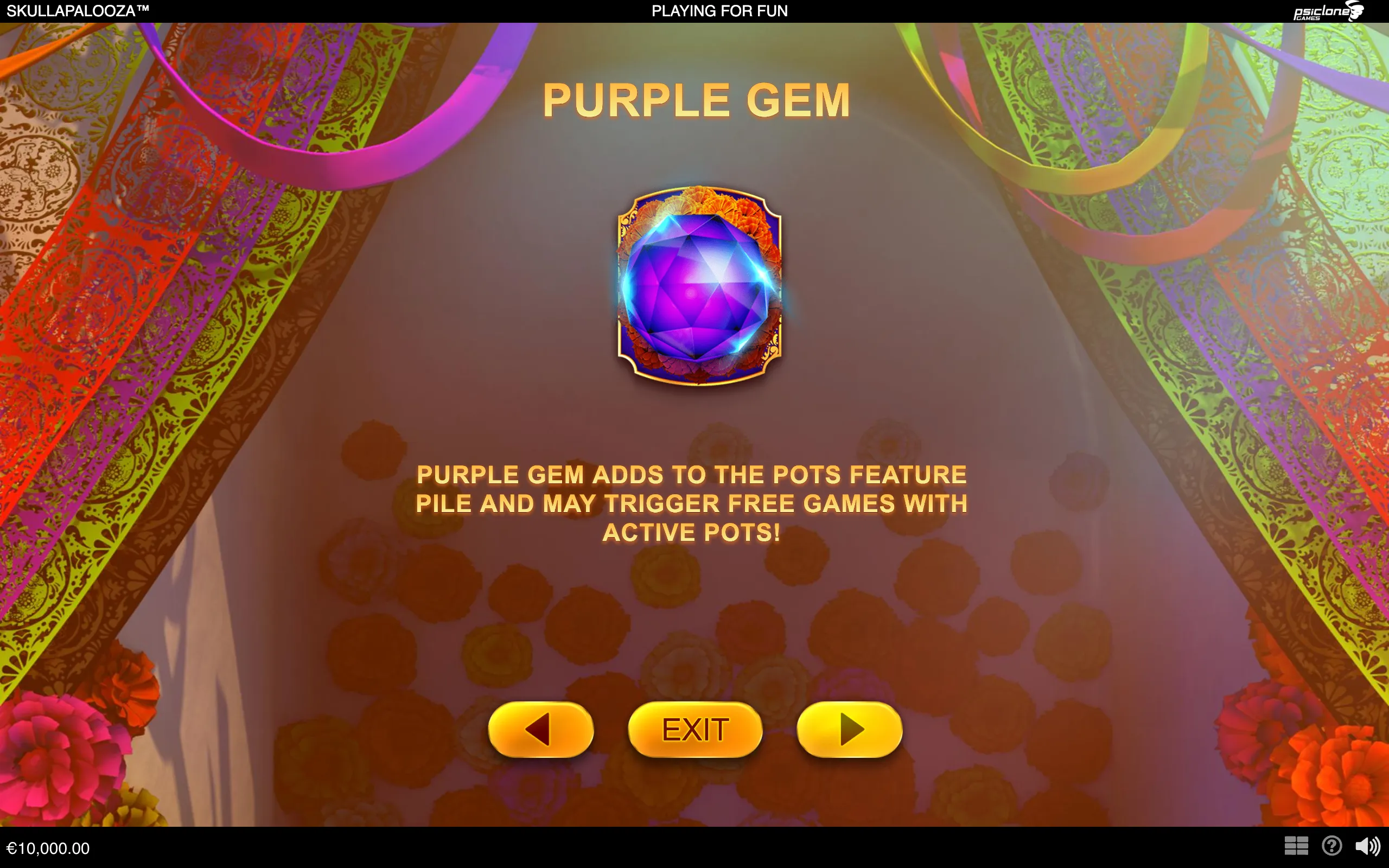 Skullapalooza feature guide displaying a glowing purple gem over a colorful floral and patterned backdrop, with text explaining its role in the pots feature.