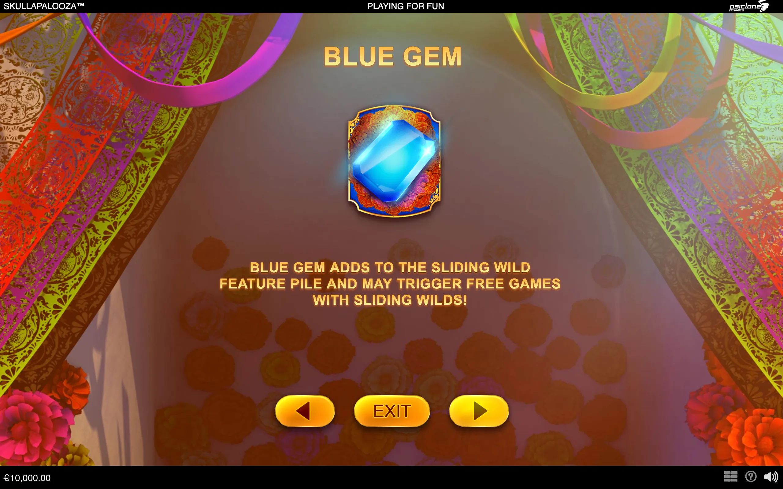 Skullapalooza feature panel with a glowing blue gemstone framed by ornate floral artwork, colorful ribbons, and text explaining its connection to sliding wilds and free games.