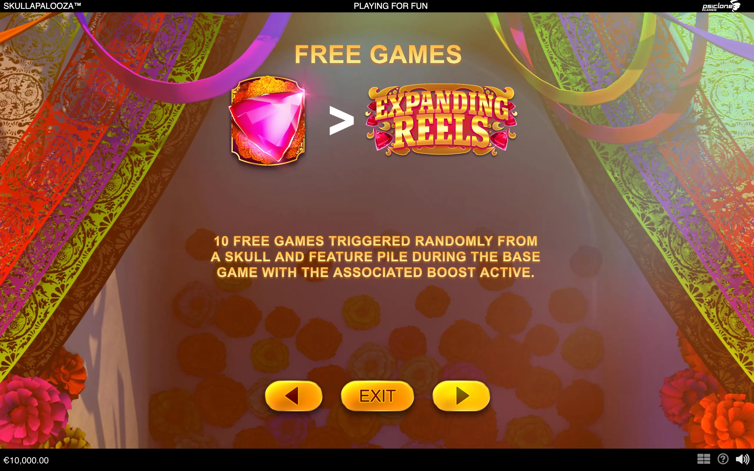 Skullapalooza free-games feature screen with a glowing pink gem, ornate floral patterns, colorful ribbons, and text describing 10 randomly triggered free games.