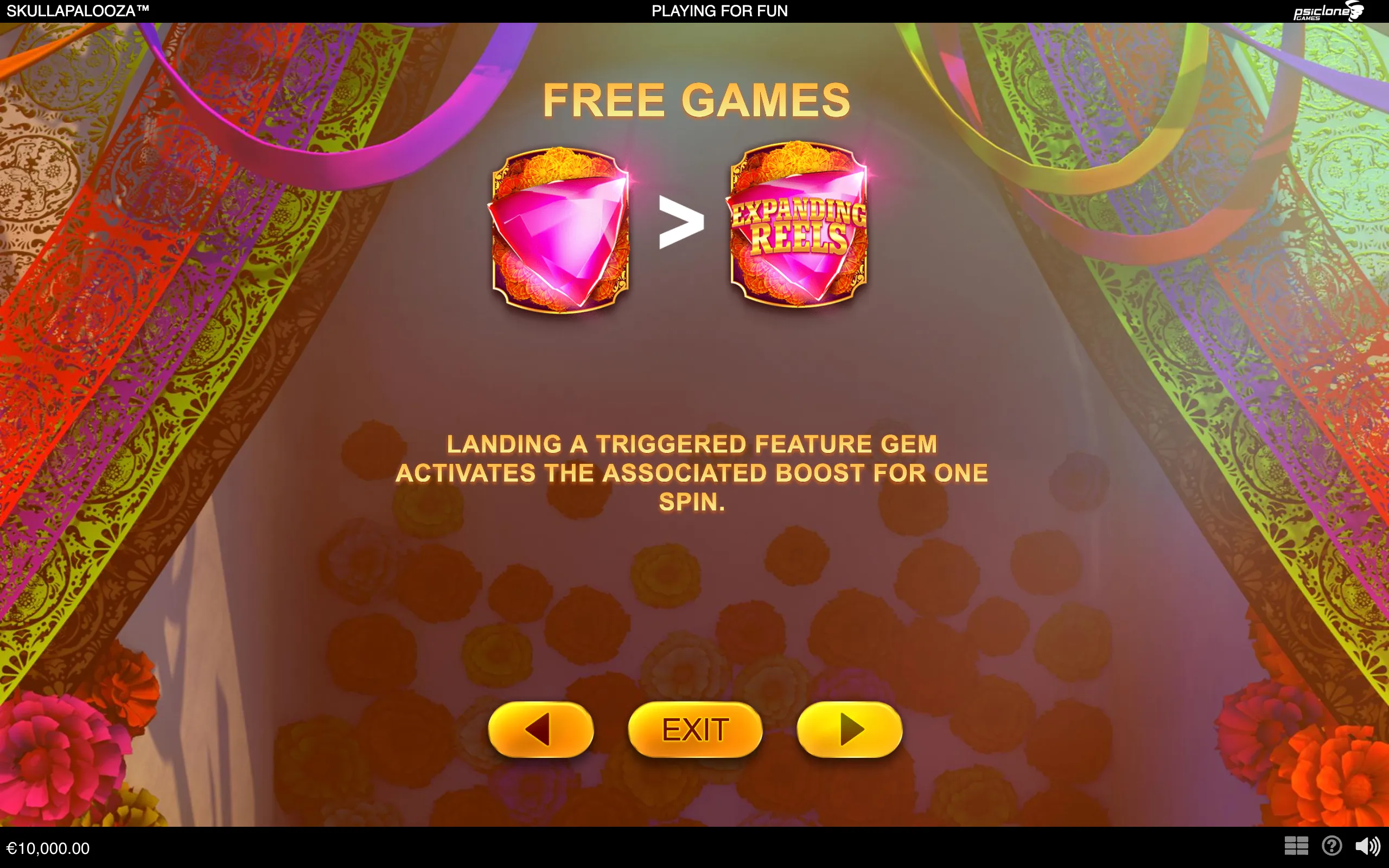 Skullapalooza free-games feature screen with a glowing pink gem, expanding-reels graphic, ornate floral patterns, and navigation controls.