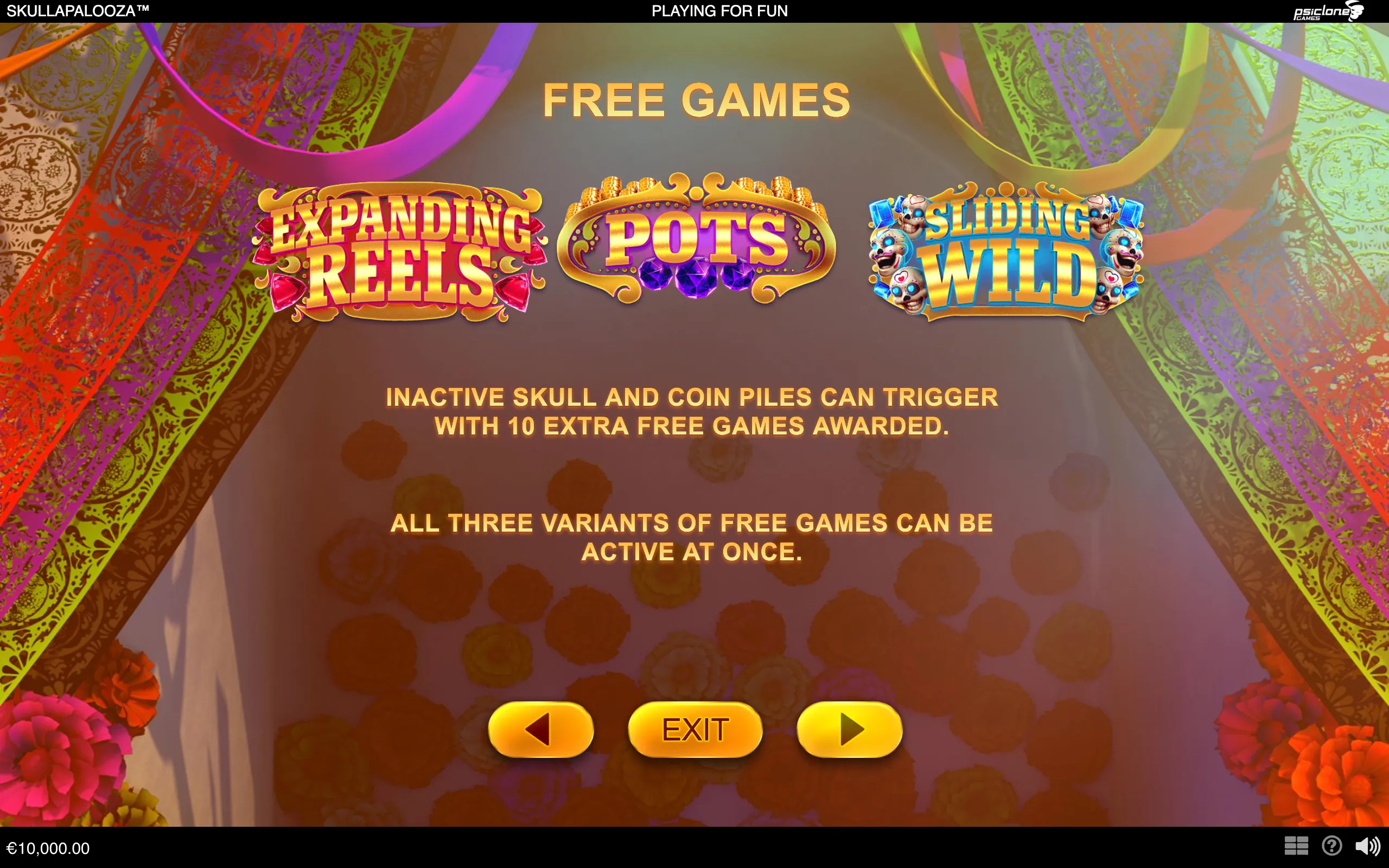 Skullapalooza free games menu with ornate sugar-skull graphics, jewel-studded feature emblems, colorful patterned banners, flowers, and text describing expanding reels, pots, and sliding wilds.