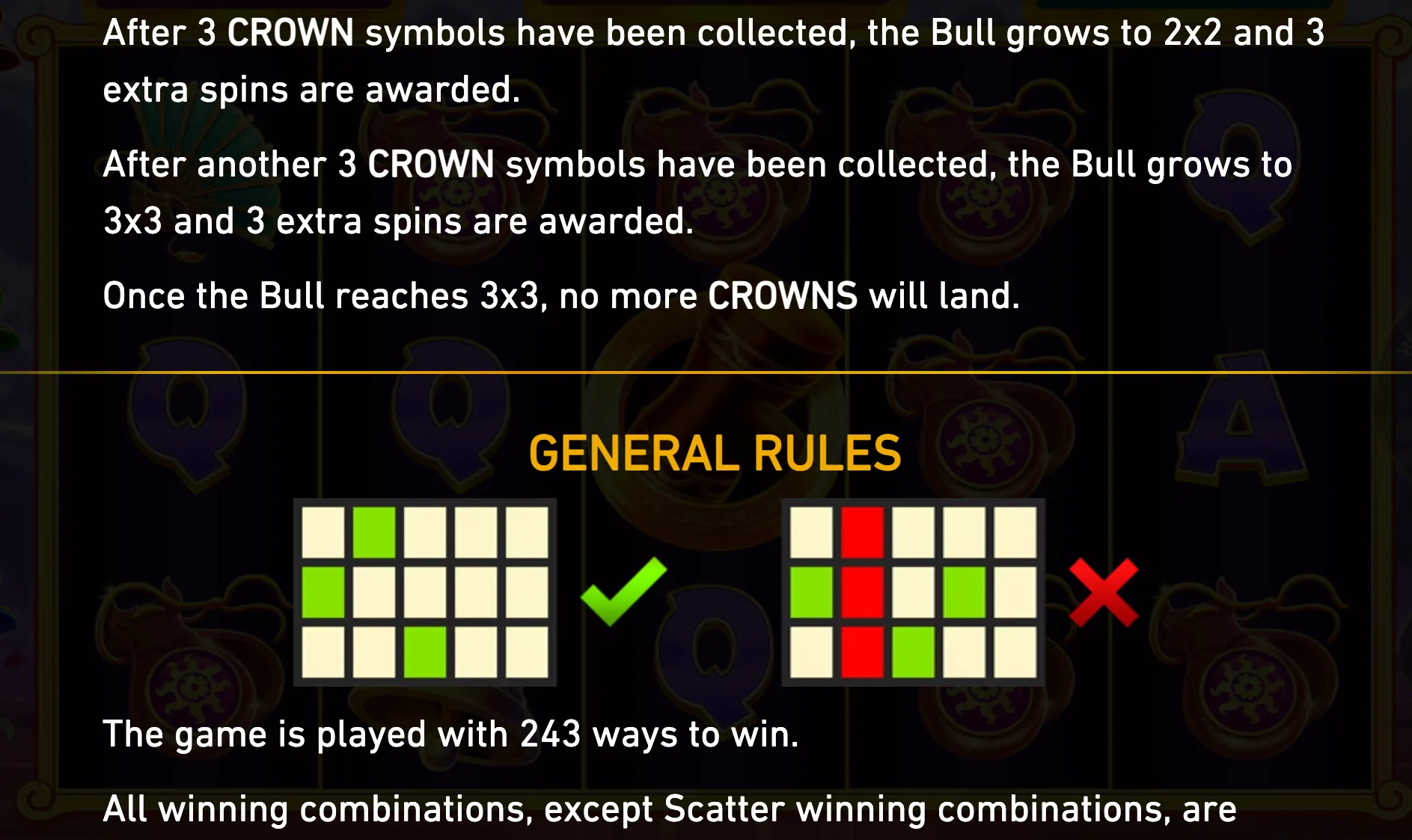 Moo Moo Moo rules panel over a dark slot-reel backdrop, detailing Bull expansion from 2x2 to 3x3, Crown collection, extra spins, and 243 ways to win.