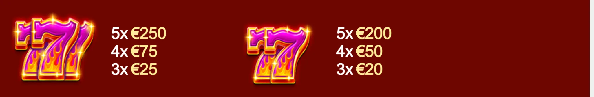 Glowing pink-and-gold flaming 7 symbols appear against a dark red backdrop beside tiered euro payout values for matching combinations.