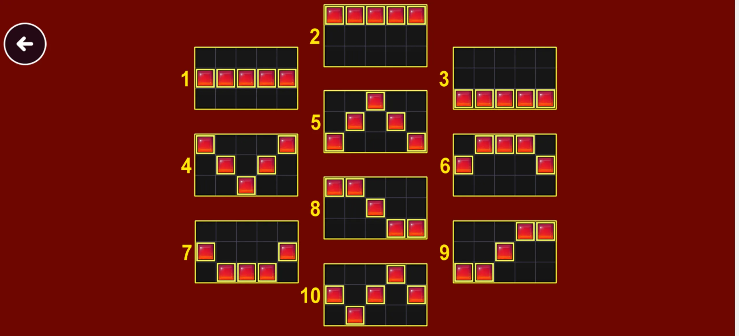 A dark red slot layout displays ten numbered patterns made from glowing red diamond symbols on black grid panels.