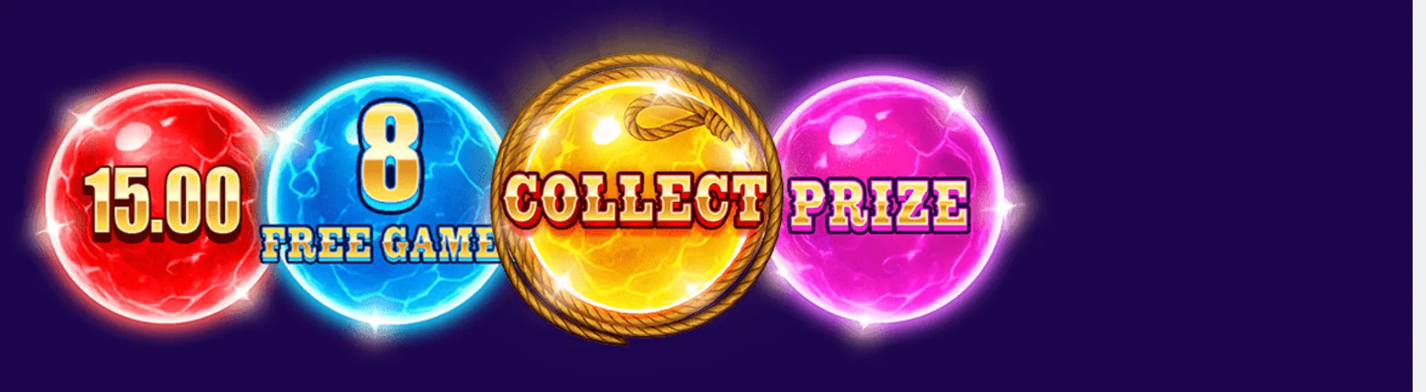 Glowing red, blue, gold, and pink orbs display a 15.00 prize, 8 free games, and Collect Prize lettering against a dark purple backdrop.
