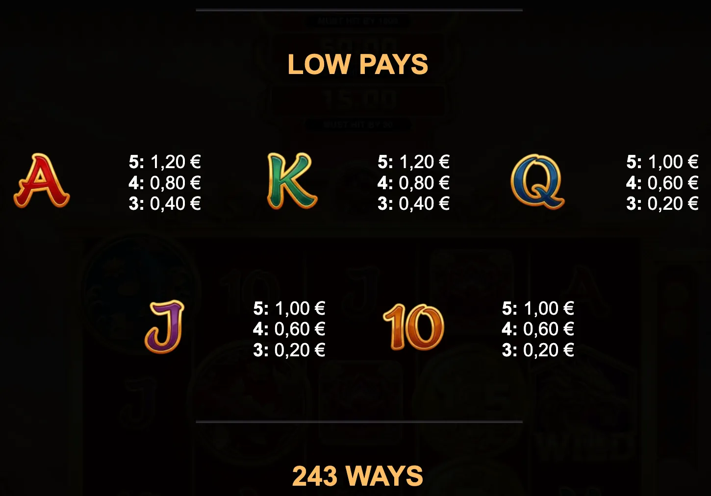 A dark slot-game paytable lists low payouts for ornate A, K, Q, J and 10 symbols, with 243 ways noted below.