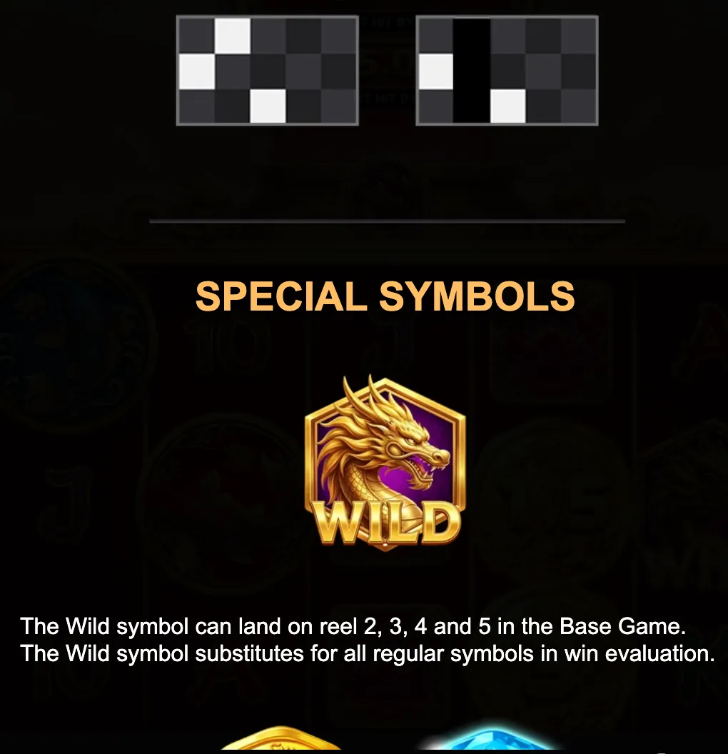 Dark slot game feature panel titled “Special Symbols,” featuring a gold dragon Wild emblem and text explaining its reel positions and substitution ability.