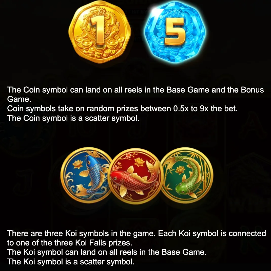Asian-inspired slot symbols featuring gold and blue prize coins with large numerals, plus blue, red, and green koi fish medallions with lotus motifs.