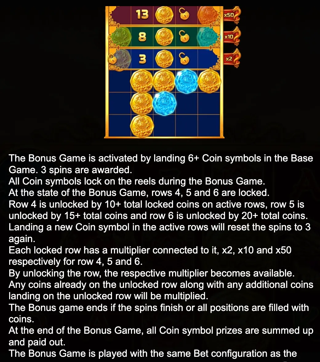 Chinese-inspired slot bonus board with gold and blue coin symbols, numbered rows, lock icons, and x2, x10, and x50 multipliers.