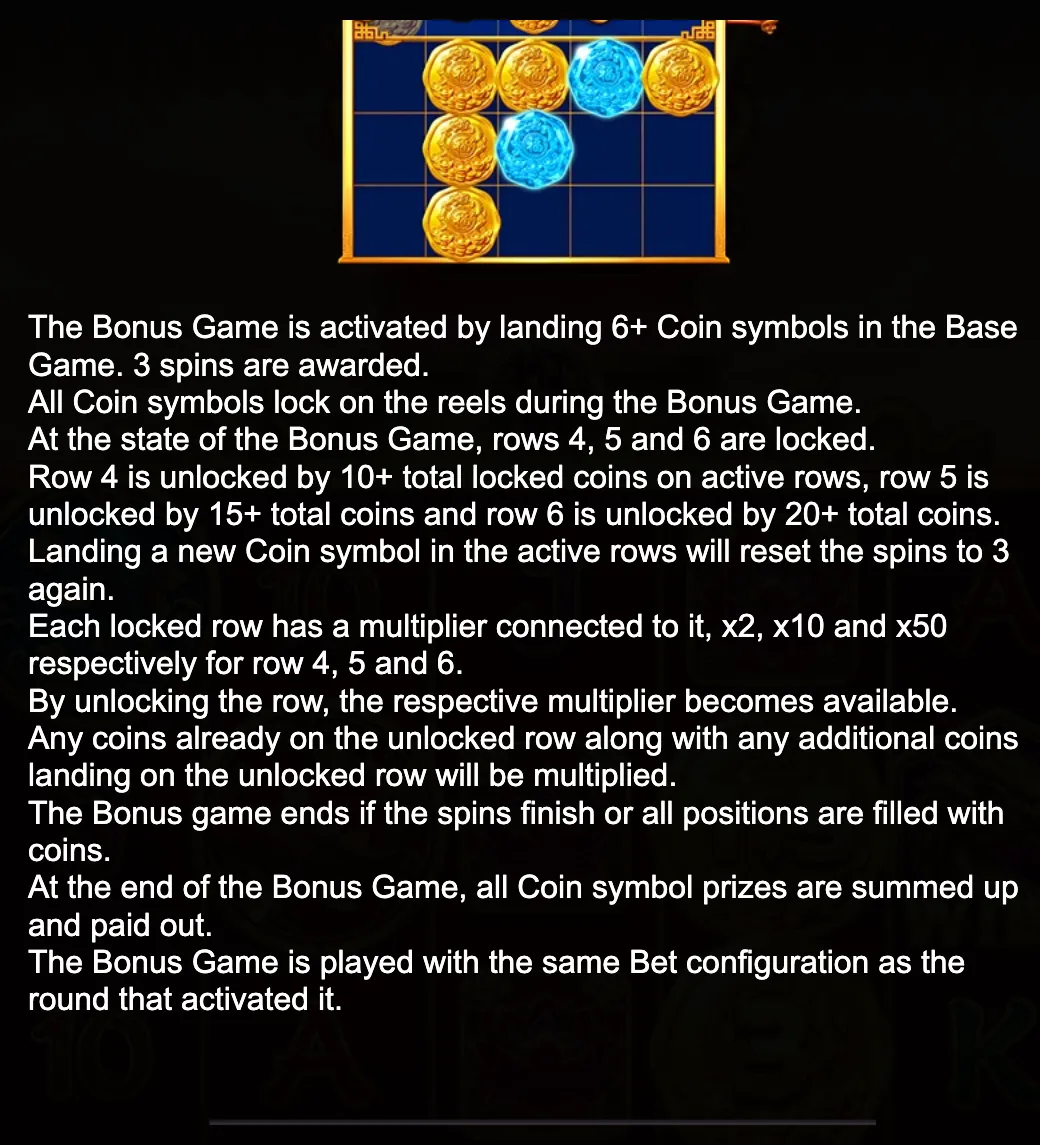 Koi Falls: Flowing Fortune bonus-game rules beside a blue-and-gold coin grid with locked coin symbols.