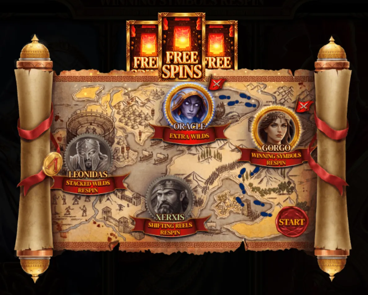 Ancient Greek-themed slot game feature screen with a parchment battle map, three FREE SPINS banners, and character medallions for Leonidas, Oracle, Gorgo, and Xerxis.