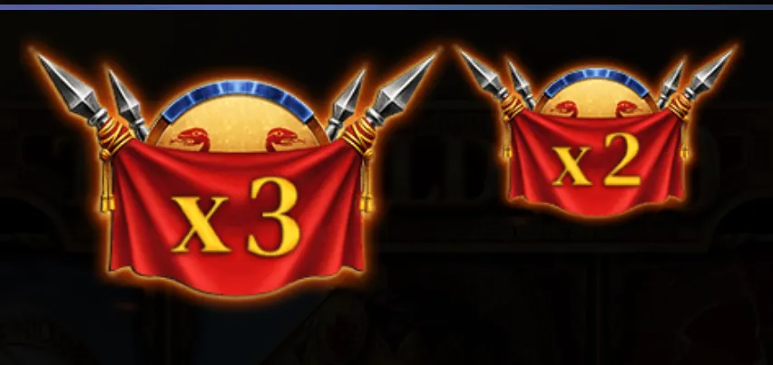 Two red banner symbols marked X3 and X2, decorated with crossed swords and golden circular emblems, against a dark fantasy backdrop.