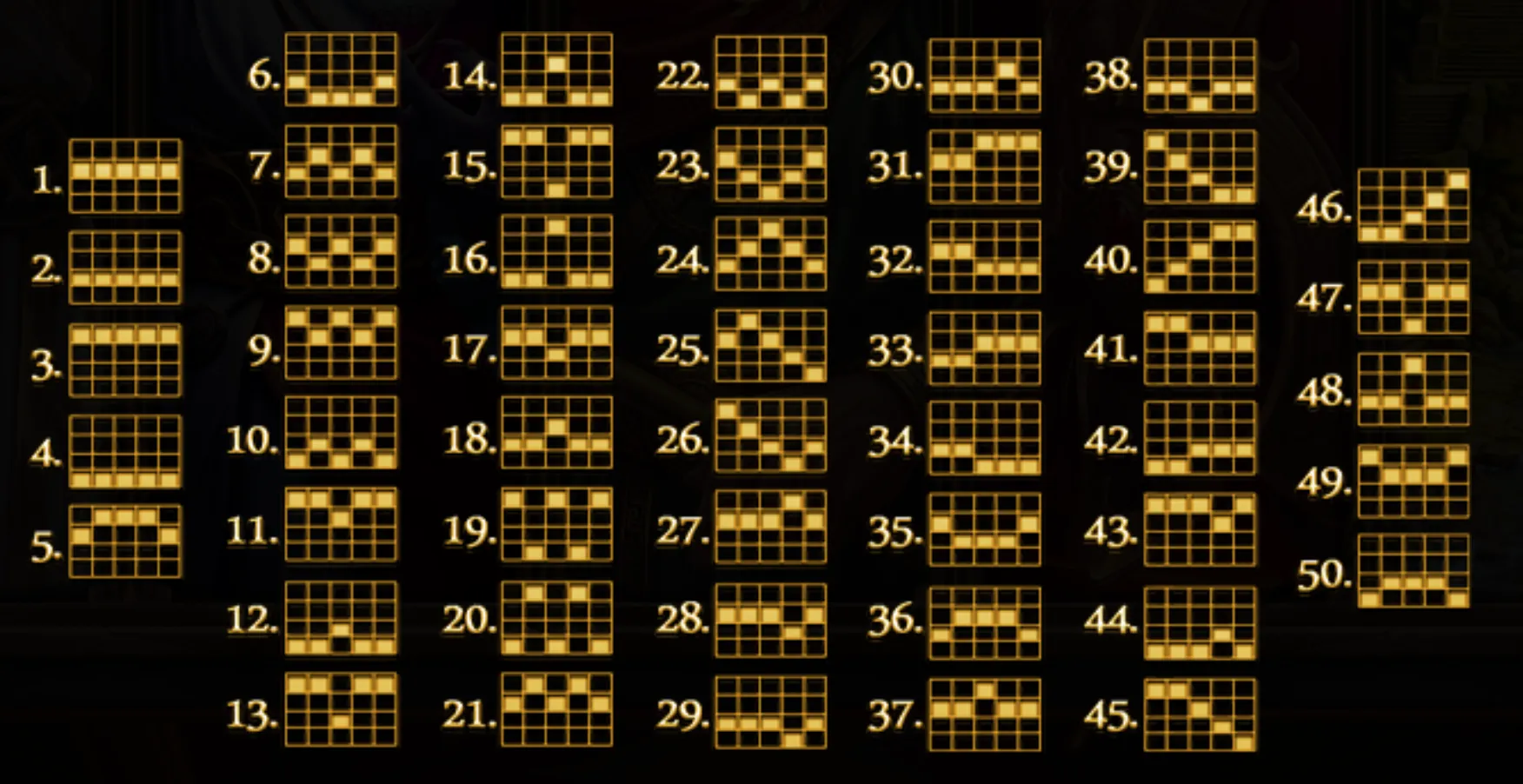 A dark gold-and-black payline chart for The Wild 300, displaying 50 numbered five-reel grid patterns with highlighted positions.