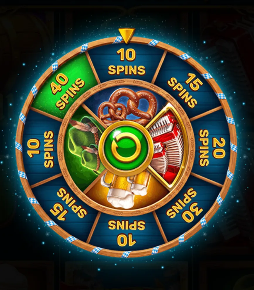 A colorful Bavarian-themed bonus wheel displays free spin amounts from 10 to 40 around pretzels, an accordion, lederhosen, and alpine clothing.