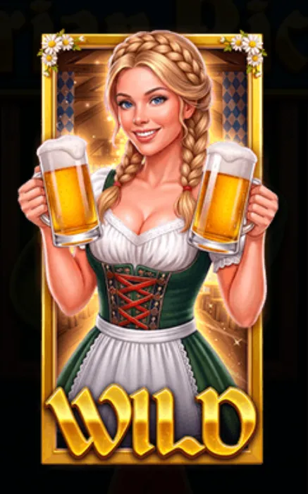A smiling blonde Bavarian woman in traditional dirndl attire holds two overflowing beer steins beside a large golden WILD emblem, framed by daisies and warm wood details.