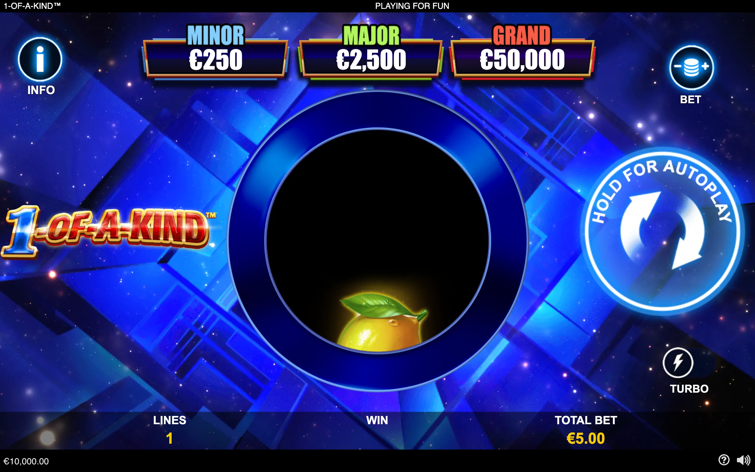 1-Of-A-Kind slot interface with a glowing orange fruit symbol in a circular reel, blue starry geometric backdrop, and Minor, Major, and Grand jackpot values.