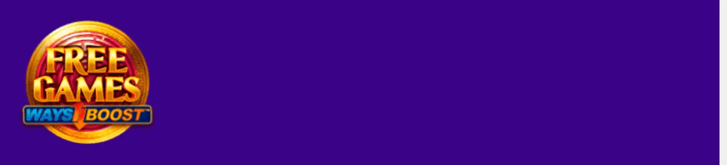 A gold-and-red FREE GAMES emblem with a blue-and-orange WAYS BOOST banner on a deep purple background.