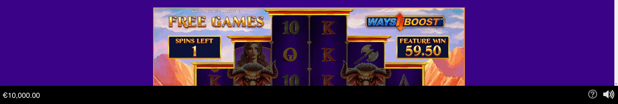Age of the Gods Maze Keeper slot interface featuring a free games round, mythological characters, Greek-style columns, mountainous scenery, and Ways Boost branding.
