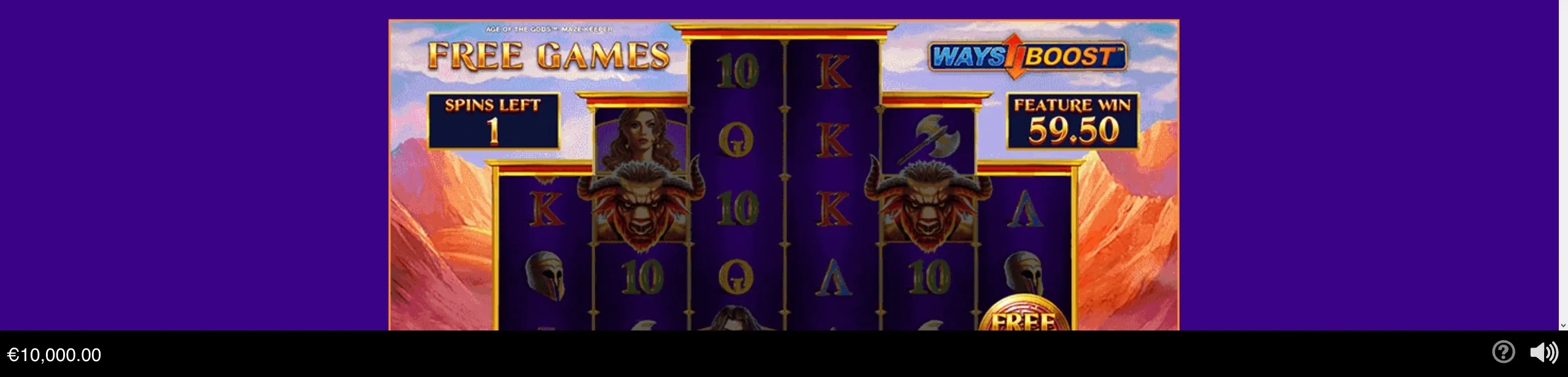 Ancient Greek-themed slot bonus screen with a mountainous backdrop, dark purple reels, bull-headed symbols, classical helmets, and prominent Free Games and Ways Boost labels.